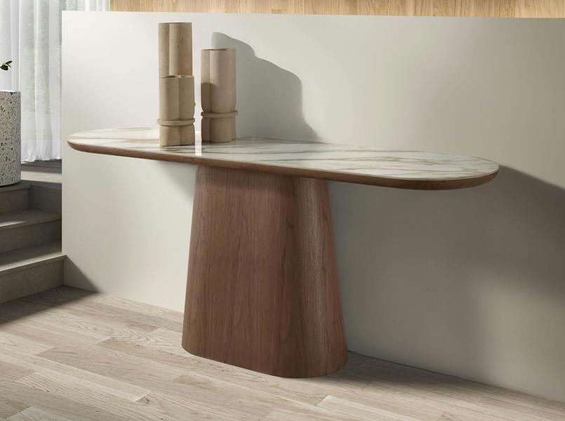 Angel Cerdá Porcelain Marble and Walnut Half Round Oval Console Table 3284