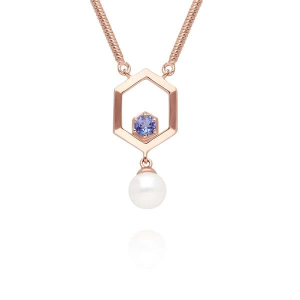 270N035609925 Modern Pearl & Tanzanite Hexagon Drop Necklace in Rose Gold Plated Silver 1