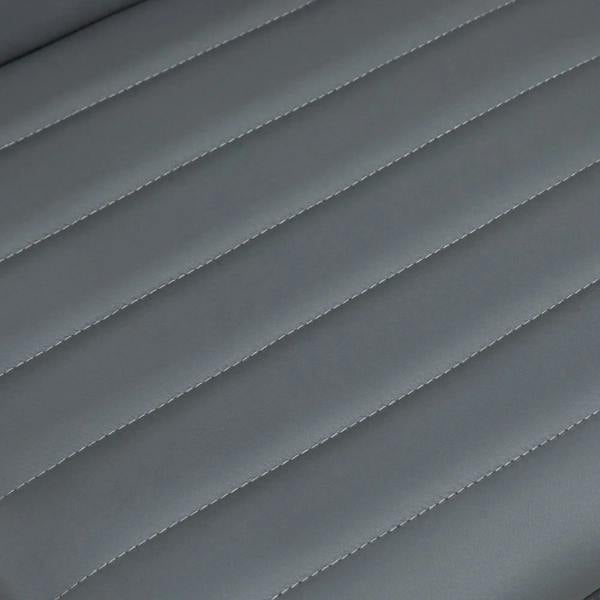 Dark grey faux leather chair seat with stitched horizontal panels, smooth padded finish