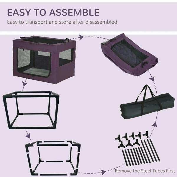Purple pet carrier illustrated steps for easy assembly and storage after disassembly