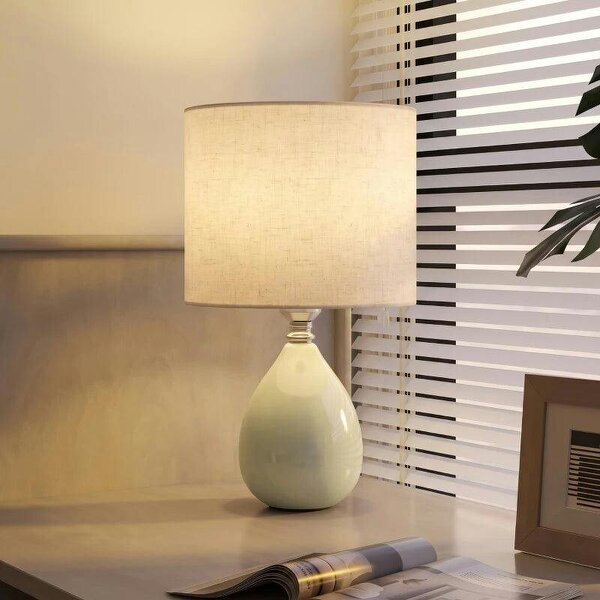 Table Lamp, Vintage Eastern Bedside Desk Lamp with Fabric Lampshade for Study, Bedroom, Living Room, Cream White