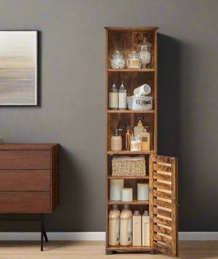 Modcraft Rustic Brown Floor Cabinet with Door & Open Shelves, Adjustable Storage, 167cm Tall