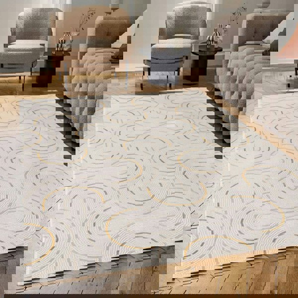 Living Room rug, gold-cream colours, geometric, practicality in mind, the rug is anti-allergic.