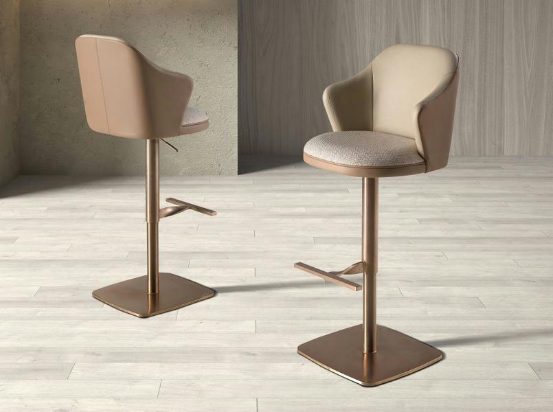 Angel Cerdá Swivel Stool in Cream Marbled Fabric and Brown Leatherette 4232