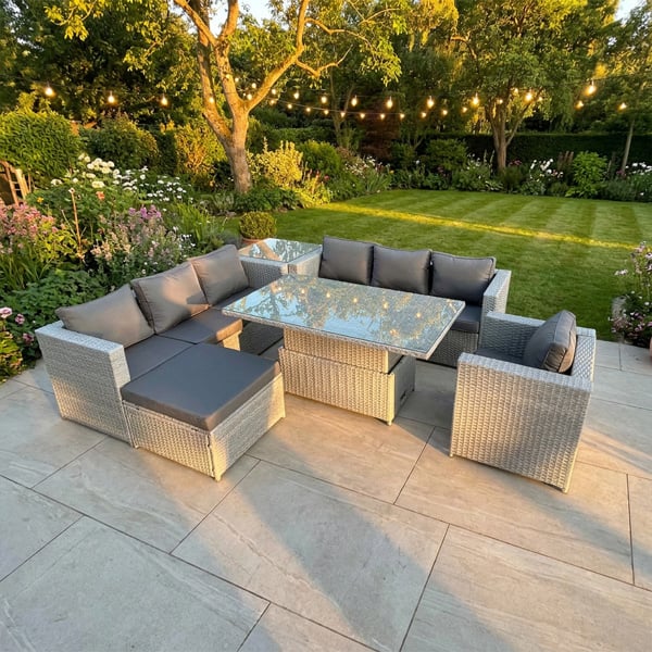 Fimous 8 Seater Rattan Garden Furniture Set with Adjustable Rising Table, 2 Sofas, Side Table, Chair & Footstool - Light Grey