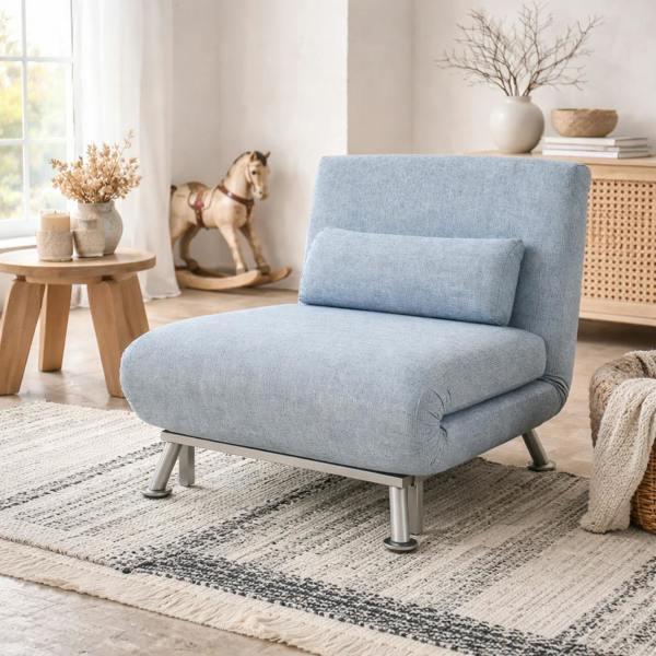 Wyld Haus Varael Linen Sky Blue 3 In One Convertible Chair Bed With Adjustable Backrest And Pillow