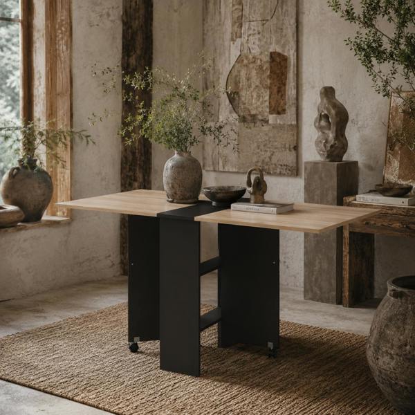 Wyld Haus Toelka Wooden Oak And Black Ex10dable Drop Leaf Dining Table With Shelves And Castors