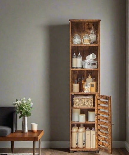 Modcraft Rustic Brown Floor Cabinet with Door & Open Shelves, Adjustable Storage, 167cm Tall