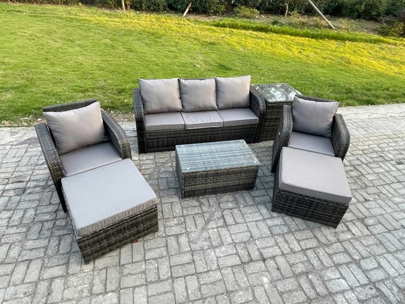 Fimous 7-Seater Rattan Garden Furniture Set - Dark Grey Mixed Patio Lounge Sofa with Rectangular Coffee Table & 2 Big Footstools