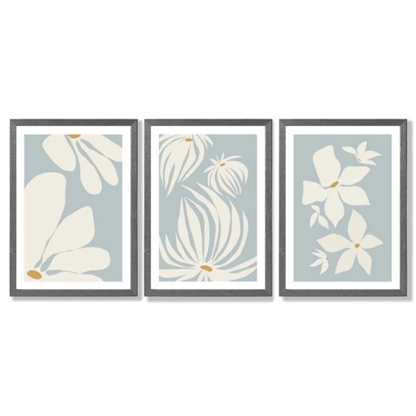 Set of 3 Blue Floral Modern Framed Art Prints with Dark Grey Wooden Frames