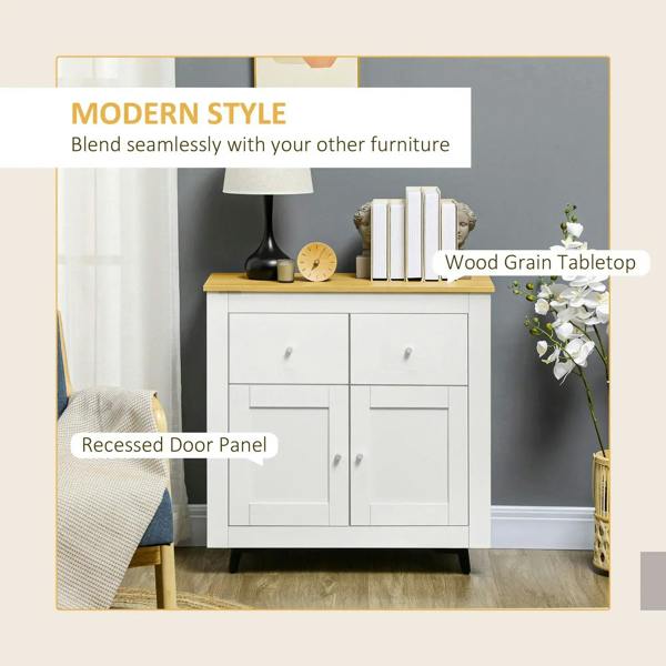 White sideboard cabinet with wood-grain tabletop and recessed door panels