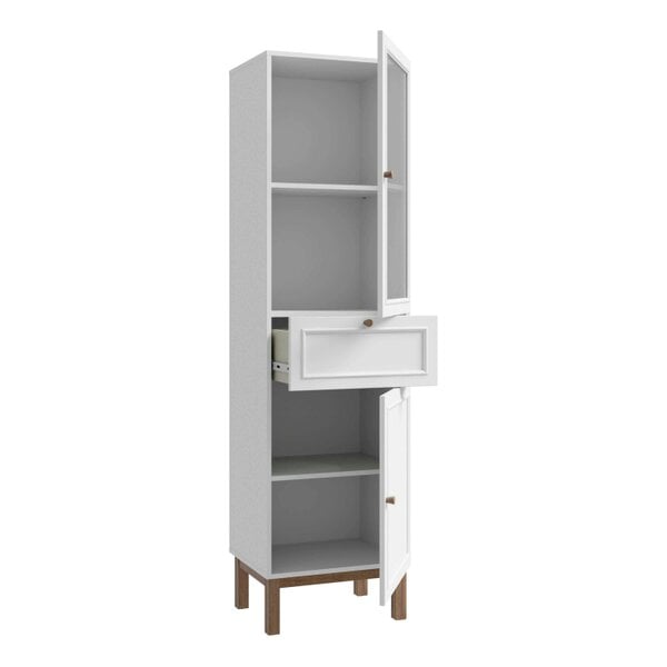 Wyld Haus Niva Light Grey and Natural Oak Effect Display Cabinet with LED Lighting 2 Doors 1 Drawer