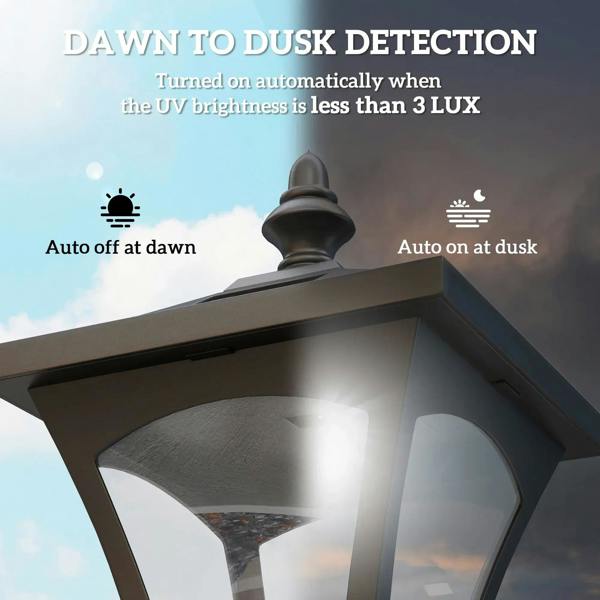 Black solar lamp post lantern with dome top for outdoor walkway lighting