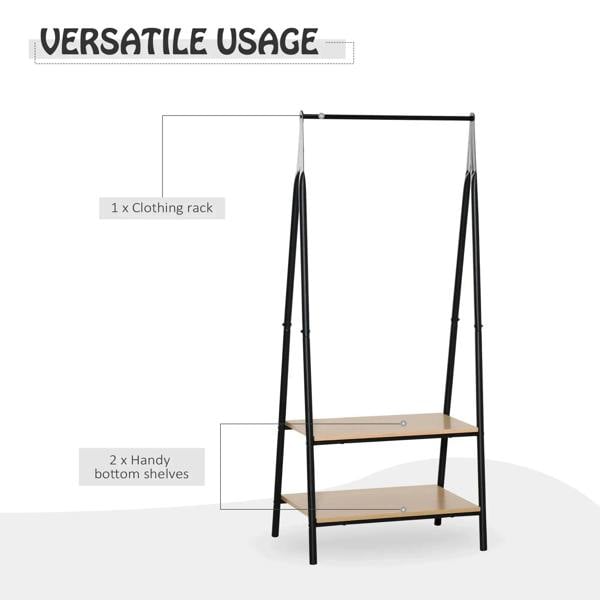 Clothes rack with two bottom shelves and hanging rail, black metal frame