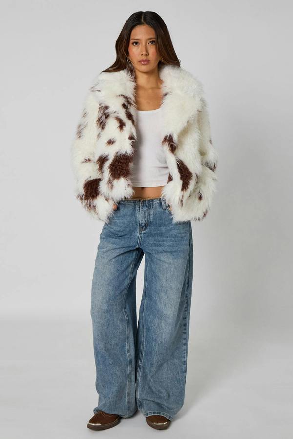 Urban Bliss Cow Print Faux Fur Jacket