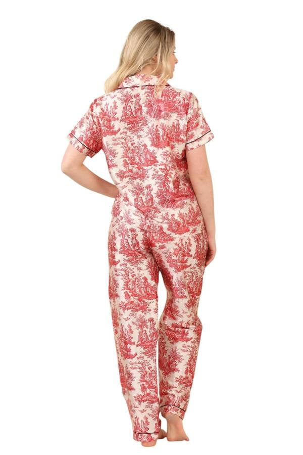 Luxury Satin Toile Print Pyjama Set – Short Sleeve, Button-Up & Pockets - Elaina Fashion