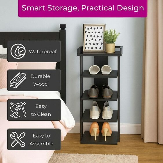 Neo Black Multi-Layer Wooden Shoe Rack Durable Storage Organiser Boots Sneakers Heels Space Saving Entryway Shelf