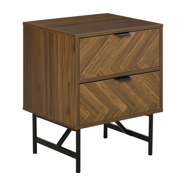 Walnut brown bedside table with two drawers, black handles, and four black legs