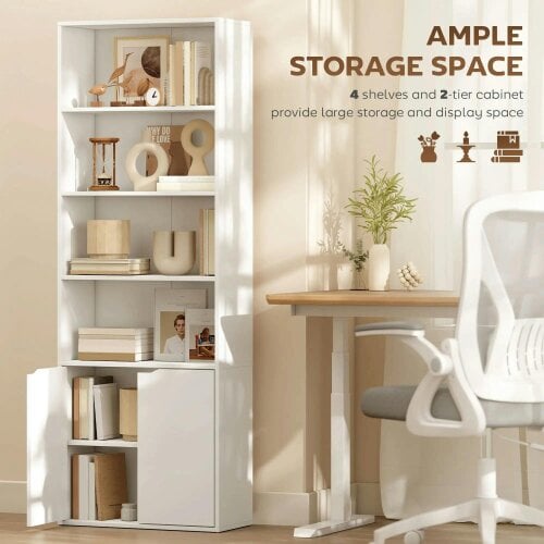 Bobobiy 6-Tier Tall Bookcase, Bookshelf with 4 Open Shelves and Double Door Storage Cabinet, Freestanding Display Rack, 59 x 29 x 180cm, White