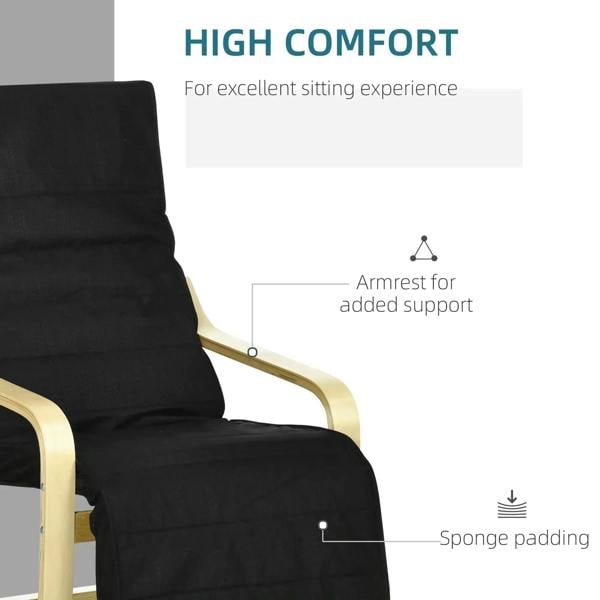 Black upholstered armchair with bentwood armrest and padded seat, close-up