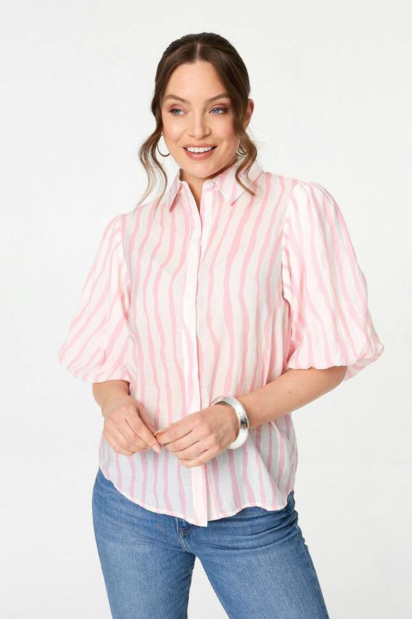 Pink | Striped 3/4 Puff Sleeve Shirt