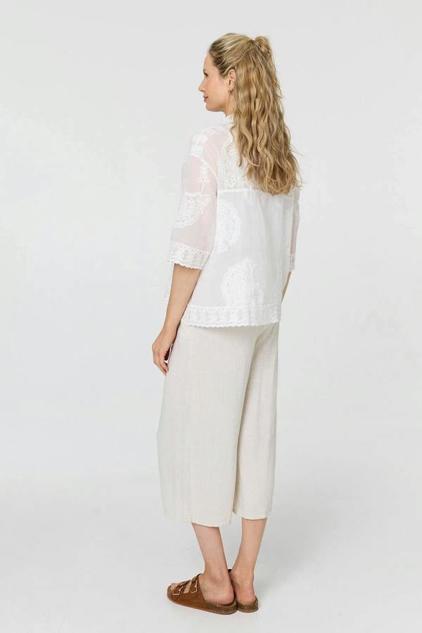 White | Embroidered Trim 3/4 Sleeve Shirt