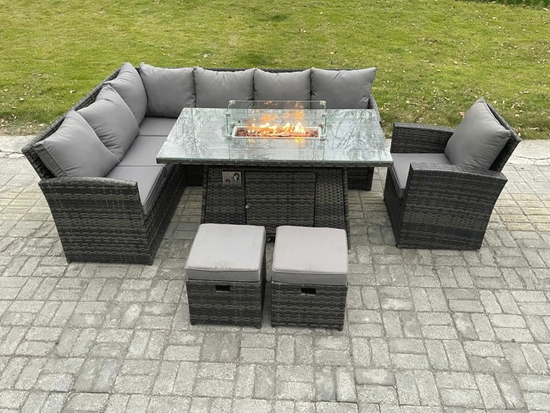 Fimous 9-Seater Rattan High Back Corner Sofa Dining Set | Gas Fire Pit Table & Heater, Armchair, 2 Footstools | Dark Grey