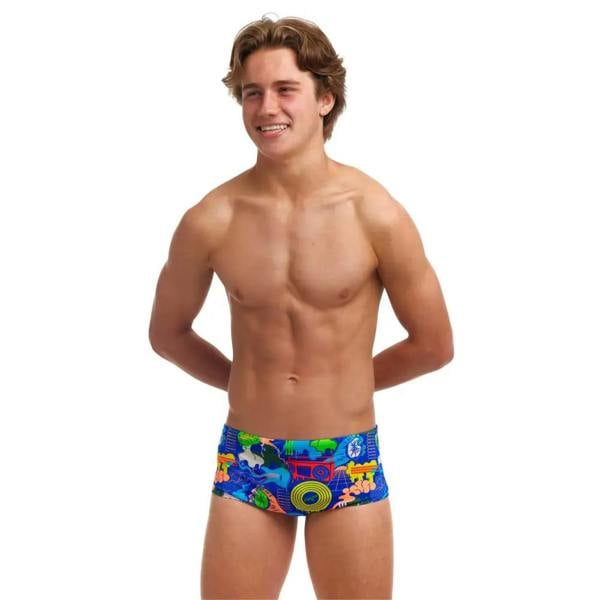 Funky Trunks Boys Blues swim trunks with blue green tropical fish and coral reef design