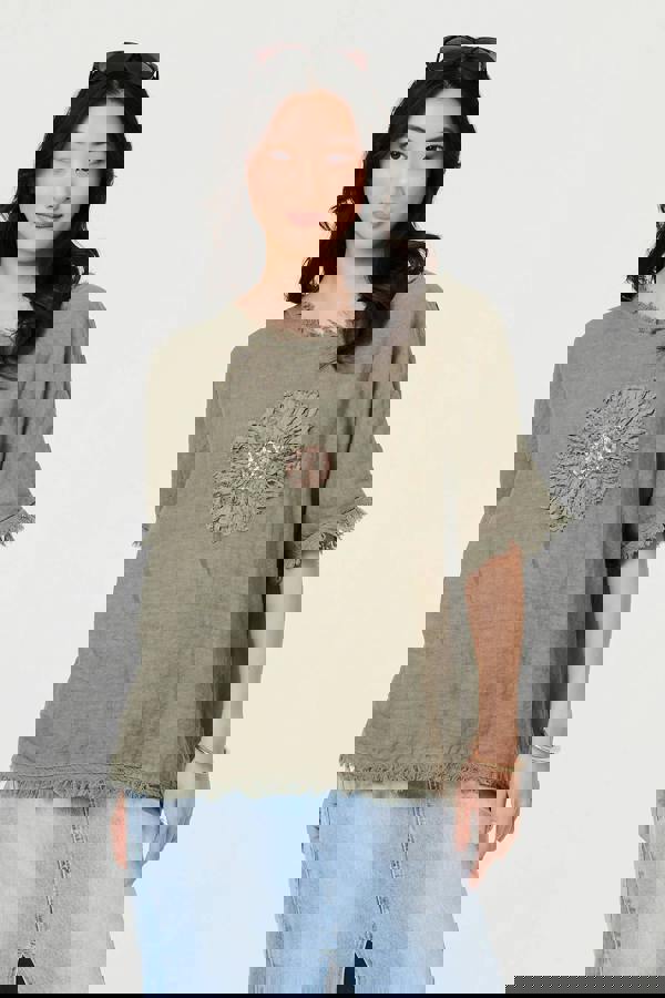 Grey | Frayed Edge Floral Embellished Top