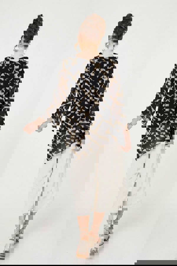Black | Printed Asymmetric Semi Sheer Tunic Top
