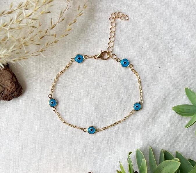 The Colourful Aura Gold and Silver Evil Eye Charm Beaded Slim Chain Adjustable Lucky Eye Bracelet