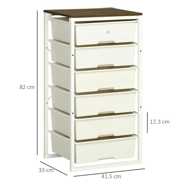 White tall 6-drawer dresser with steel frame; 82 cm high, 33x41.5 cm base