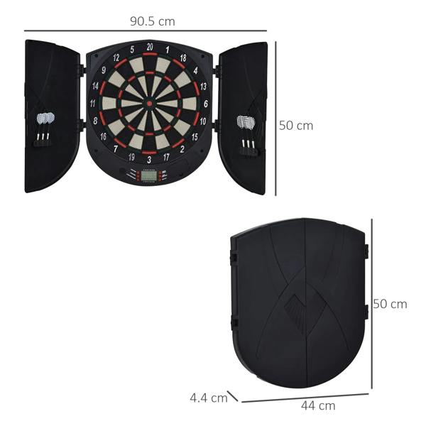 Black electronic dartboard with folding cabinet; front and back size views
