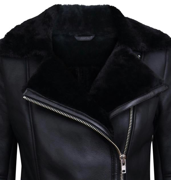 Infinity Leather Womens Black Shearling Sheepskin Aviator Jacket-Kiev
