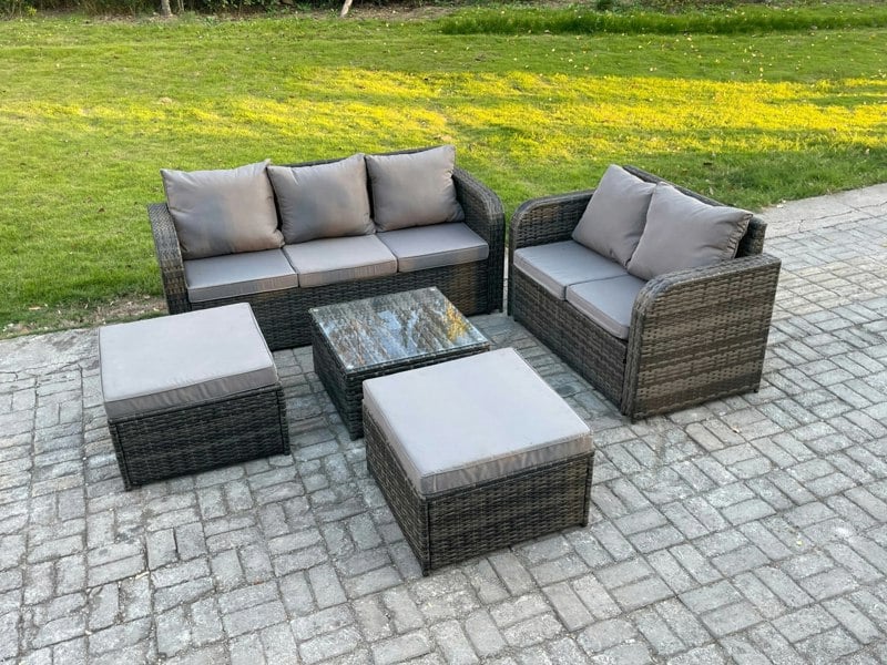 Fimous PE Rattan Garden Furniture Sets 7 Seater Outdoor Lounge Sofa Set Square Coffee Table 2 Big Footstool