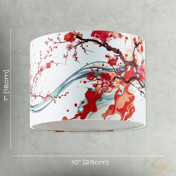 Red Cherry Blossom Watercolour Japanese Themed Fabric Drum Lamp Shade Image 7
