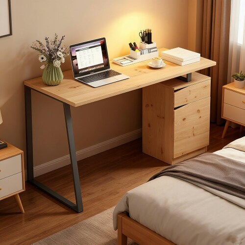Wyld Haus Nolole 135cm Natural Wood Home Office Desk With Storage Drawer and Cabinet