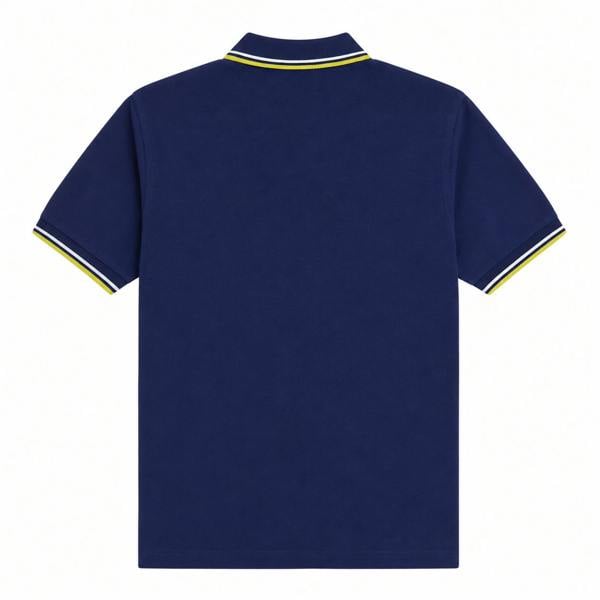 Fred Perry Twin Tipped Polo Shirt in French Navy with Dusky Blue and Citron trim, back view.