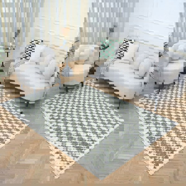 Moodi shaggy Green tartan design rug, Fluffy & soft pile | THE RUGS