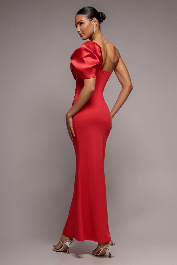 Off The Shoulder Satin Bow Neck Maxi Dress - Red DR5073