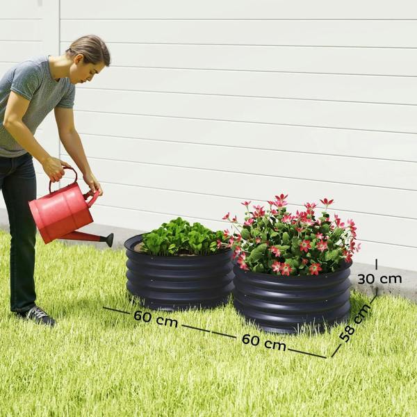 Set of 2 dark grey raised garden beds with planting area, size markings shown