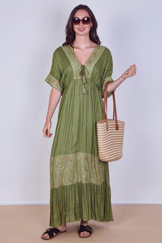 Boho Sequin leaf Embroidered Maxi Dress