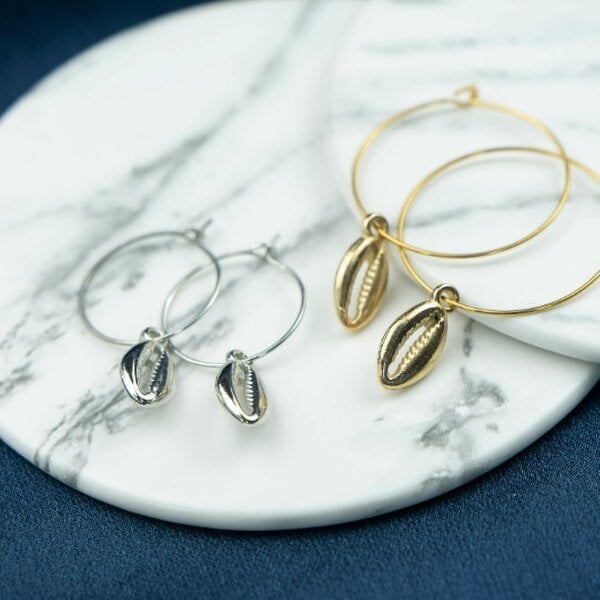 The Colourful Aura Gold Silver Cowrie Charm Sea Shell Lightweight Beach Boho Hoop Earrings
