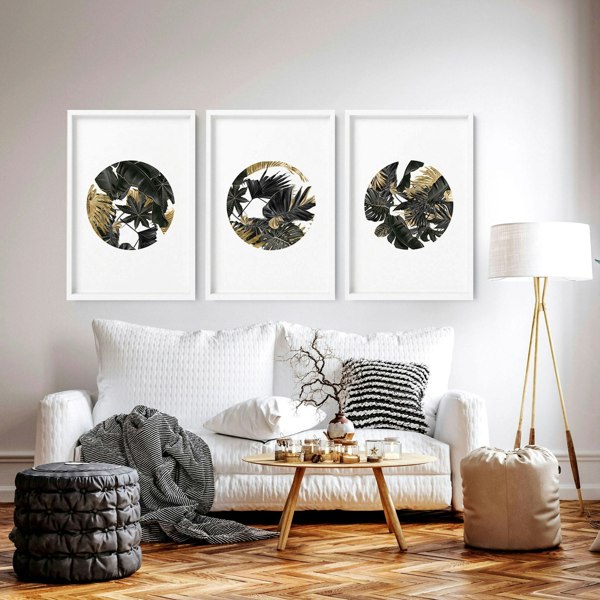 Wall art with gold for living room | set of 3 Tropical wall art prints