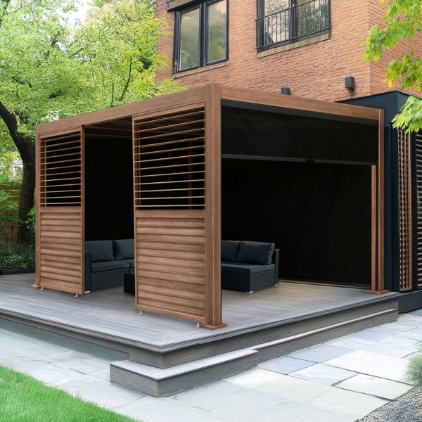 Wood effect aluminium pergola with blinds and two louvre panels, featuring a modern design and cozy seating area on a patio