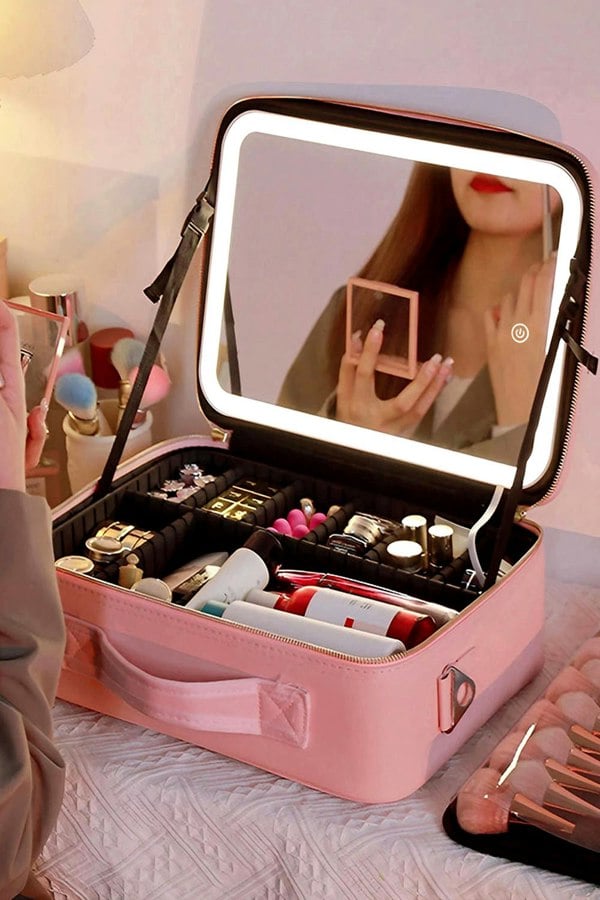 Living and Home Makeup Storage Bag with Three Colour LED Mirror