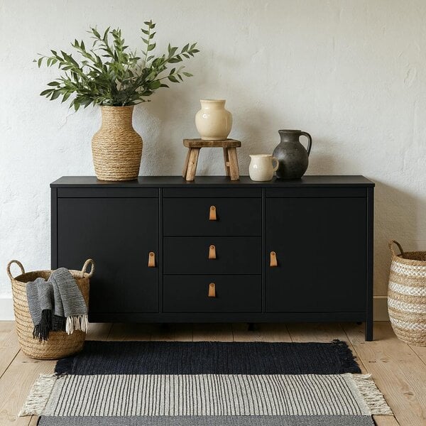 Wyld Haus Wildberry Matt Black Wooden Sideboard 2 Doors 3 Drawers Leather Handles