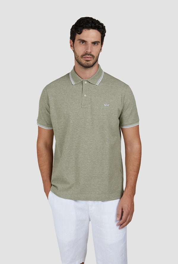 Paul & Shark Men's Jaspe Pique Cotton Polo with Striped Trims - Green