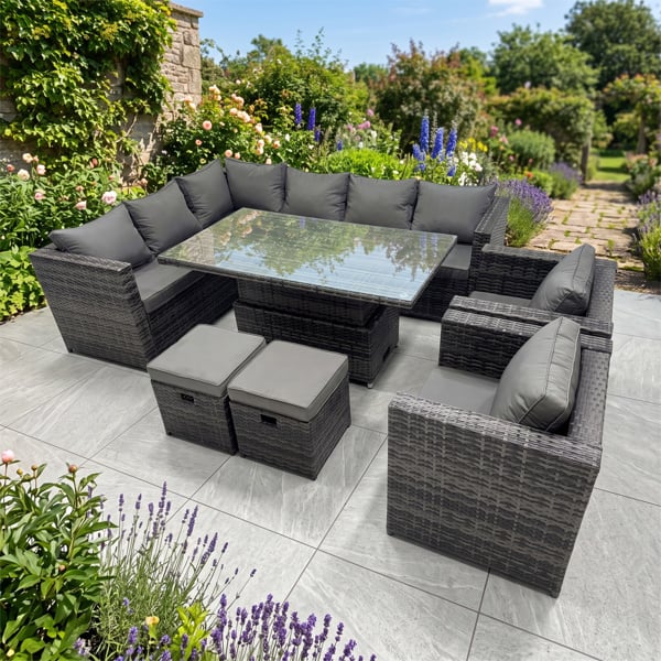 Fimous 10 Seater Rattan Garden Furniture Set with Height Adjustable Rising Table, Corner Sofa, 2 Chairs & 2 Stools - Dark Grey Mixed