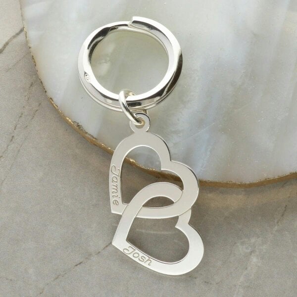Christopher James of London Sterling Silver Engraved Vertical Double Heart Keyring